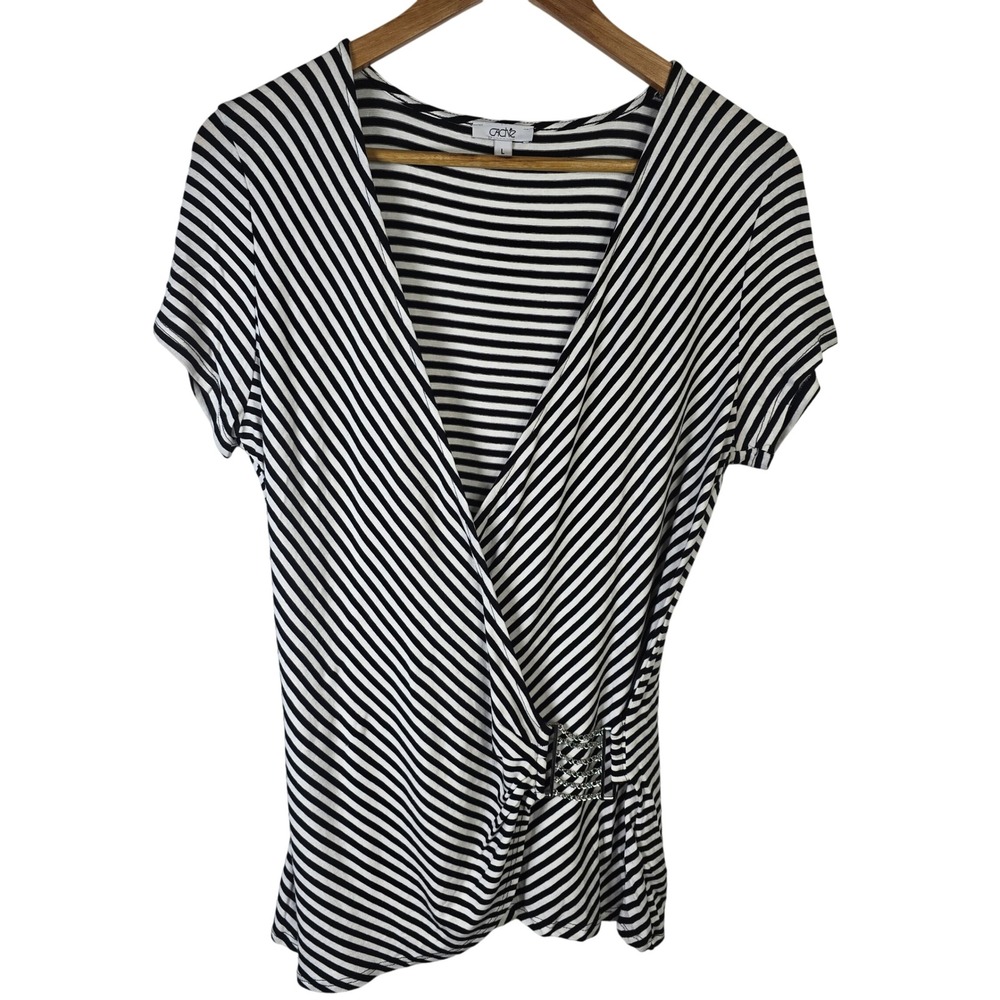Cache Womens Top Black White Striped Short Sleeve Wrap Buckle Size‎ L